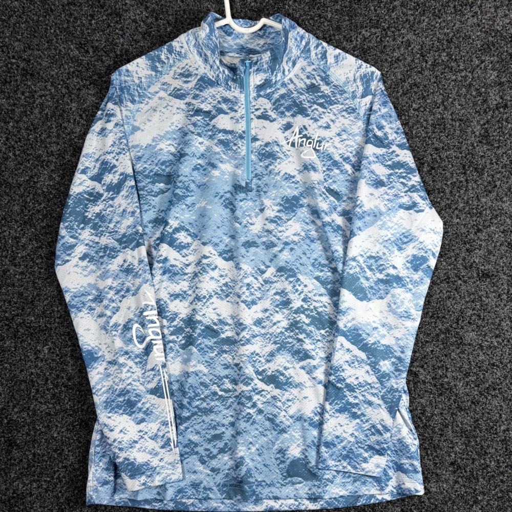 Anglur Mens Medium Blue White Topo Print 1/4 Zip Performance‎ Fishing Shirt M